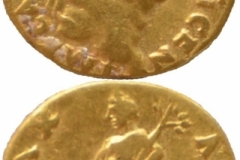 Aureus (avers-revers) emis de Vespasianus (73 d. Chr), descoperit în castrul roman de la Buciumi.